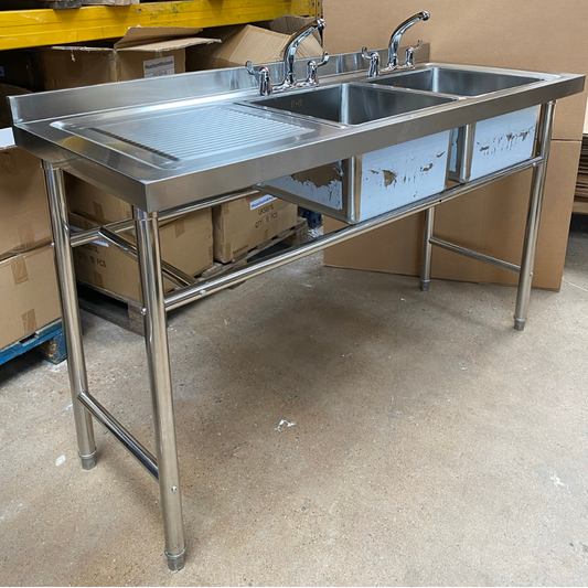 Double Bowl Catering Sink - 1500x600x900mm - Left Hand Drainer - No Undershelf - B Grade