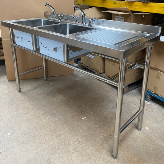 Double Bowl Catering Sink - 1500x600x900mm - Right Hand Drainer - No Undershelf B Grade